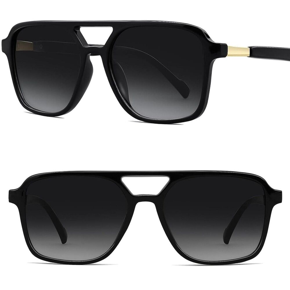 Unisex Black Gray Gradient Square Pilot Double Bridge Retro 70s Style Sunglasses